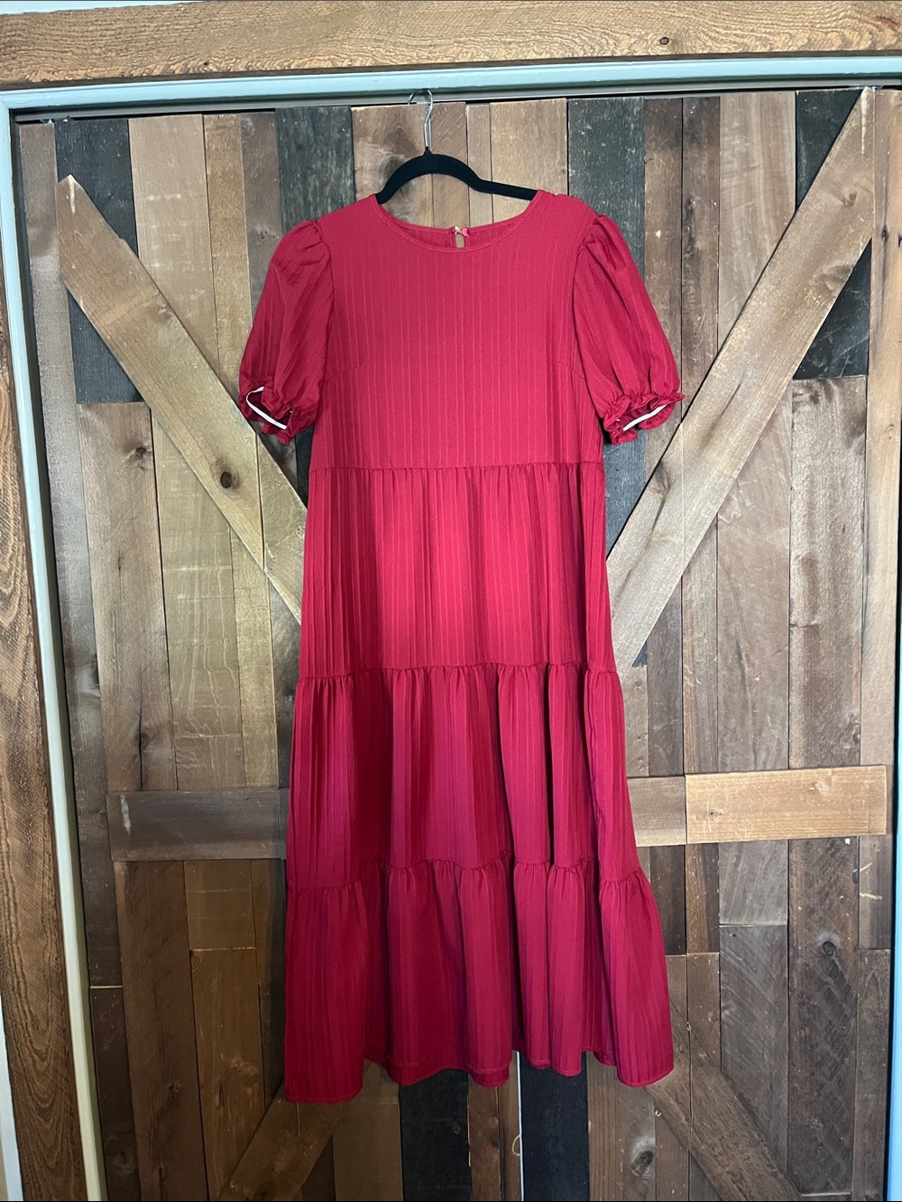 Women's Red Tiered Puff-Sleeve Dress